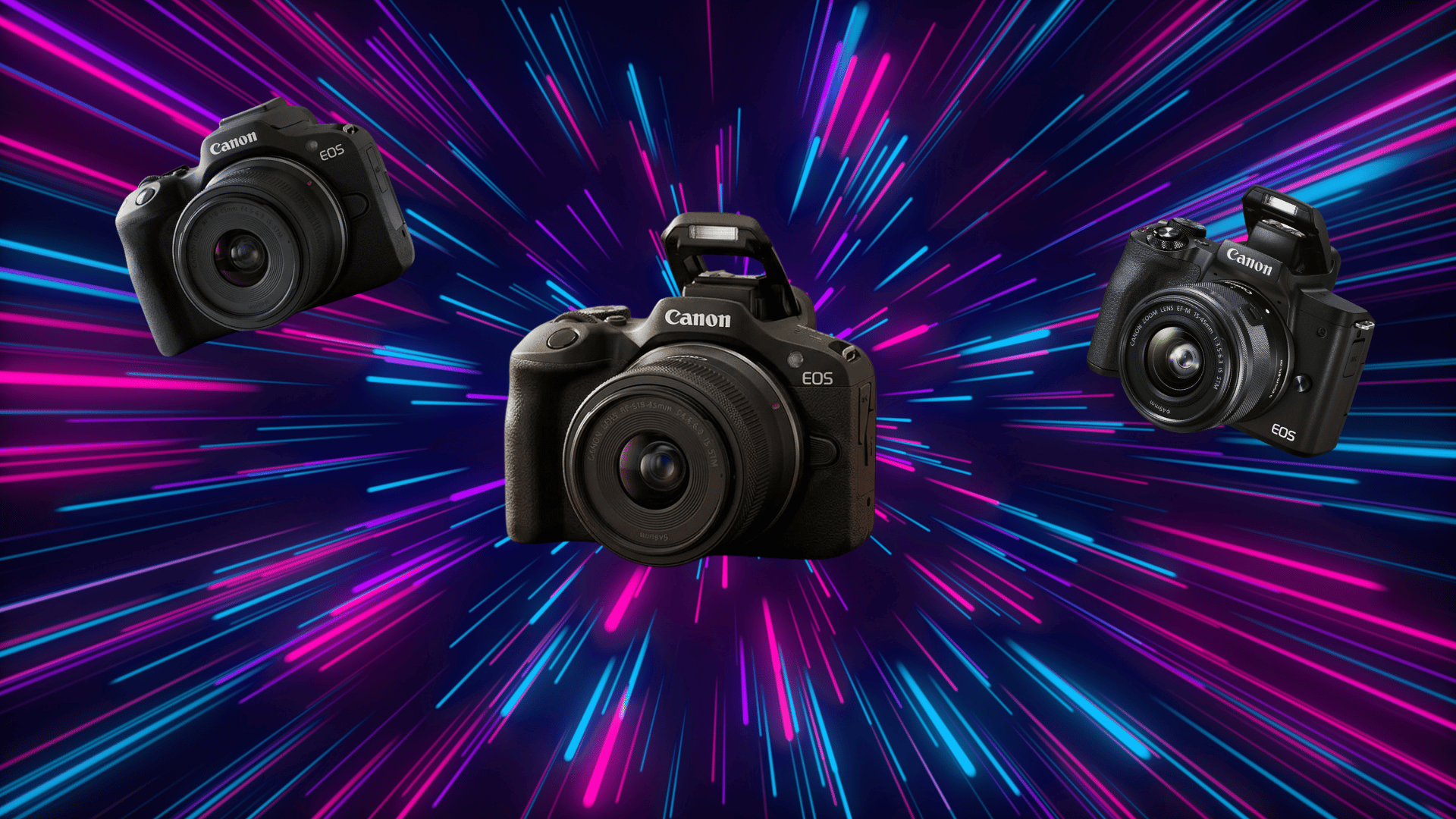 canon cameras collage with neon light background featuring multiple beginner canon camera models in dynamic layout