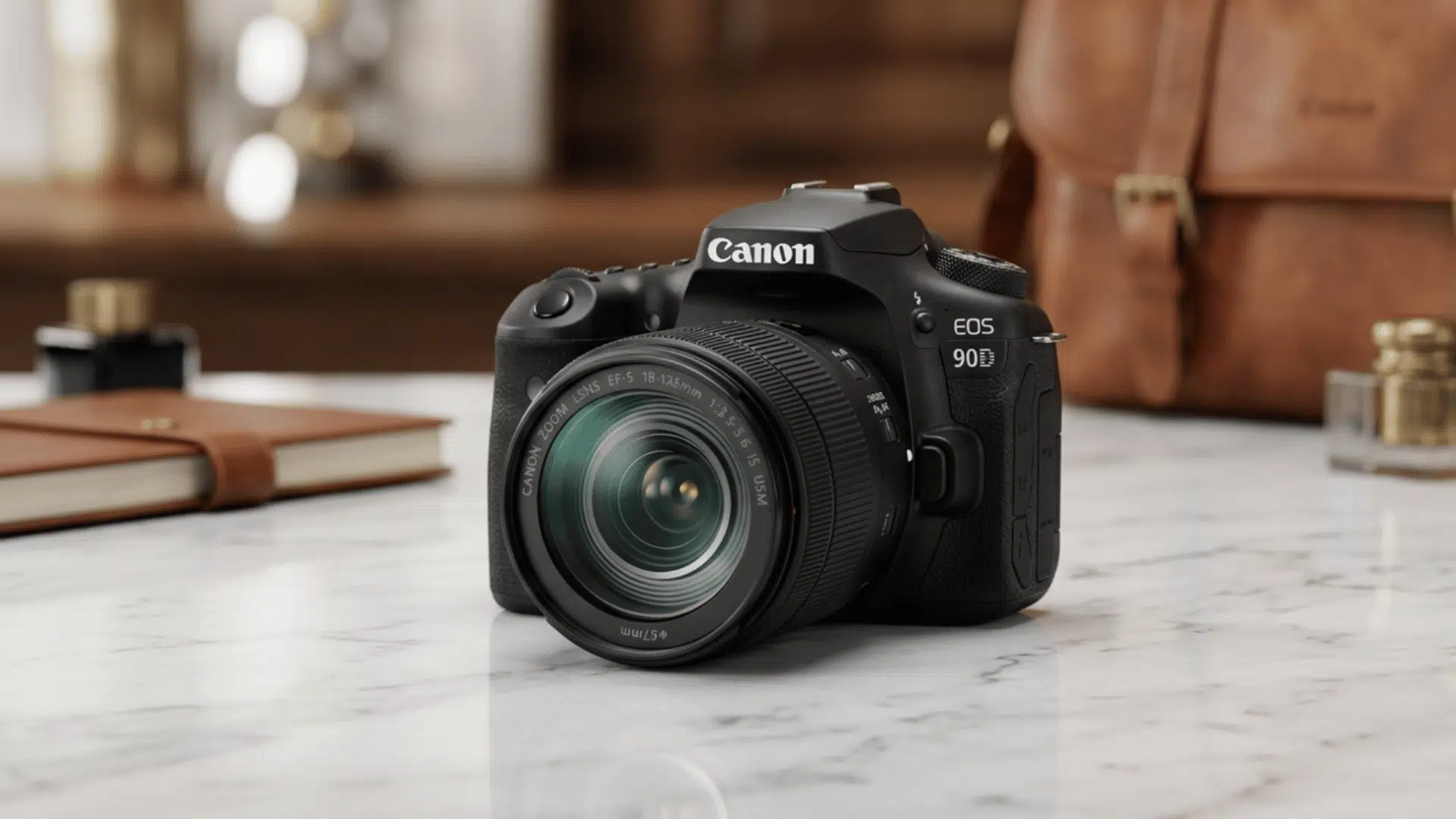 canon eos 90D dslr camera on white marble table with soft lighting and clean premium look