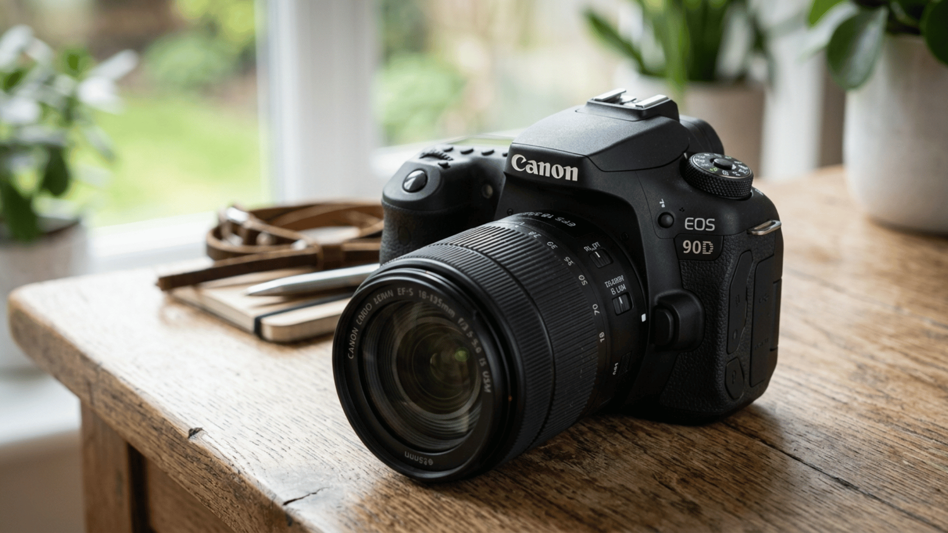 canon EOS 90D DSLR camera with lens on wooden surface, offering advanced features for beginners planning long-term use