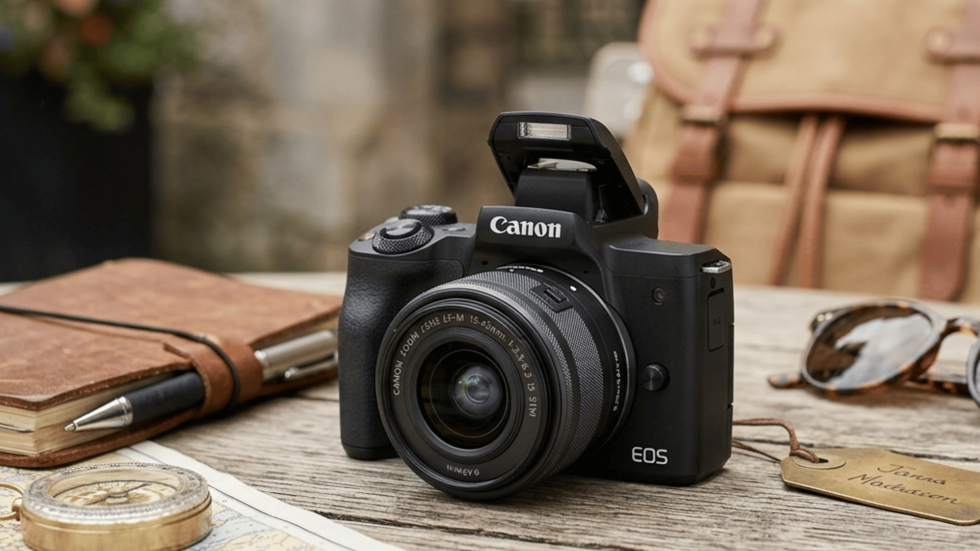canon eos m50 mark ii with travel setup and blurred backpack outdoor background