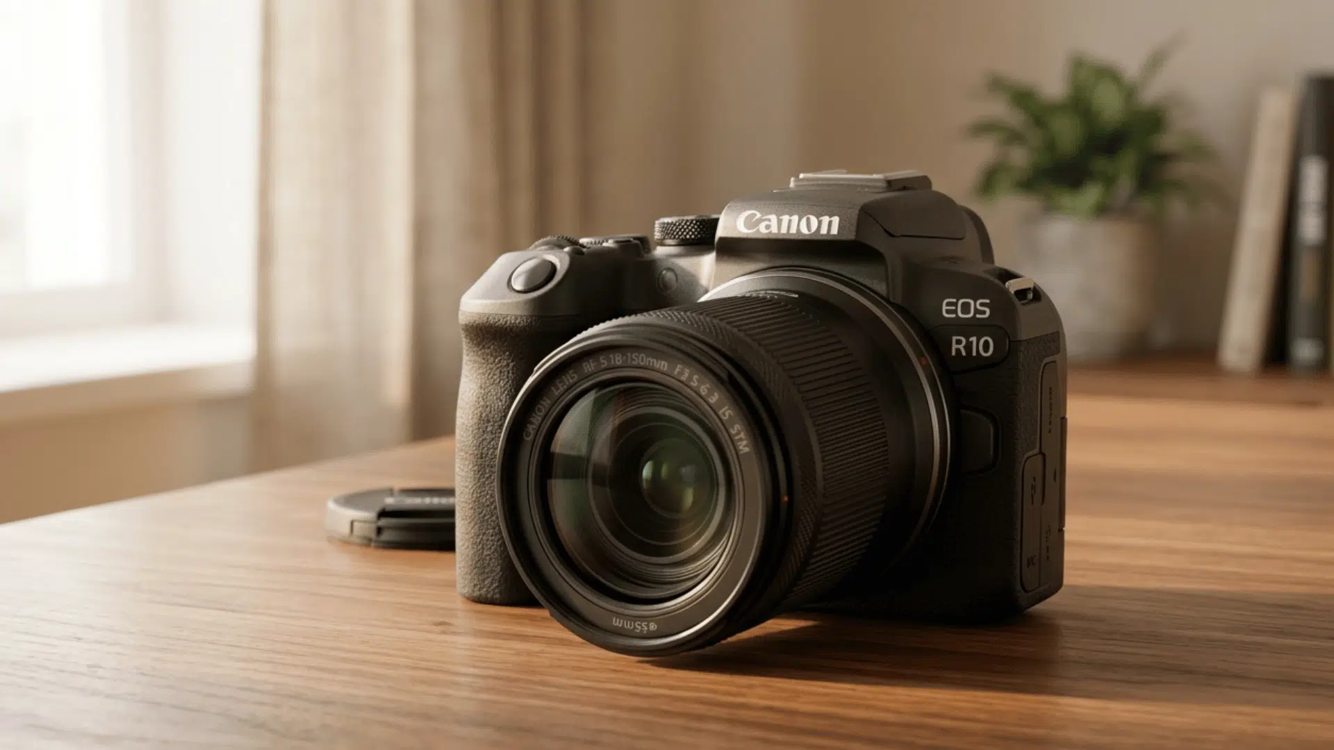 canon eos r10 camera kept on wooden table with soft natural light and clean minimal background