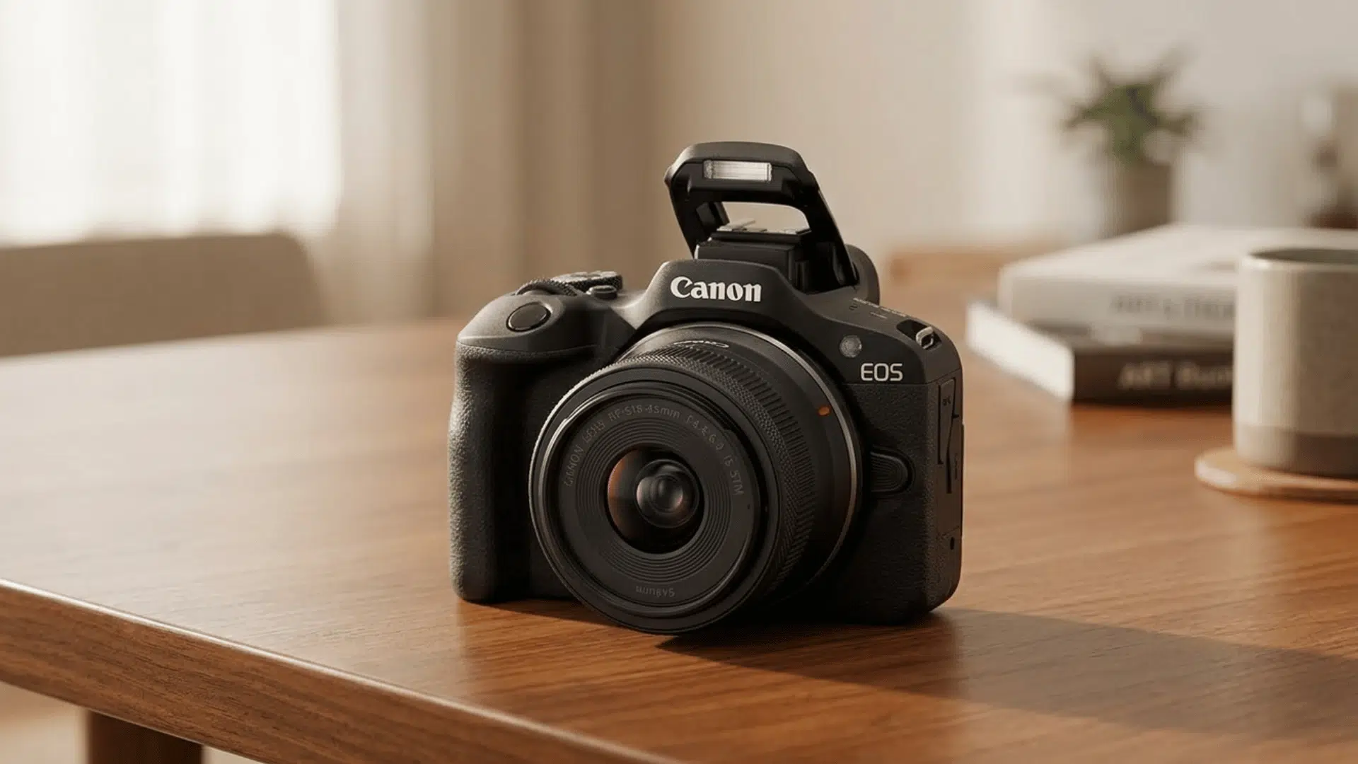 canon eos r100 on wooden table with soft window light and minimal home background