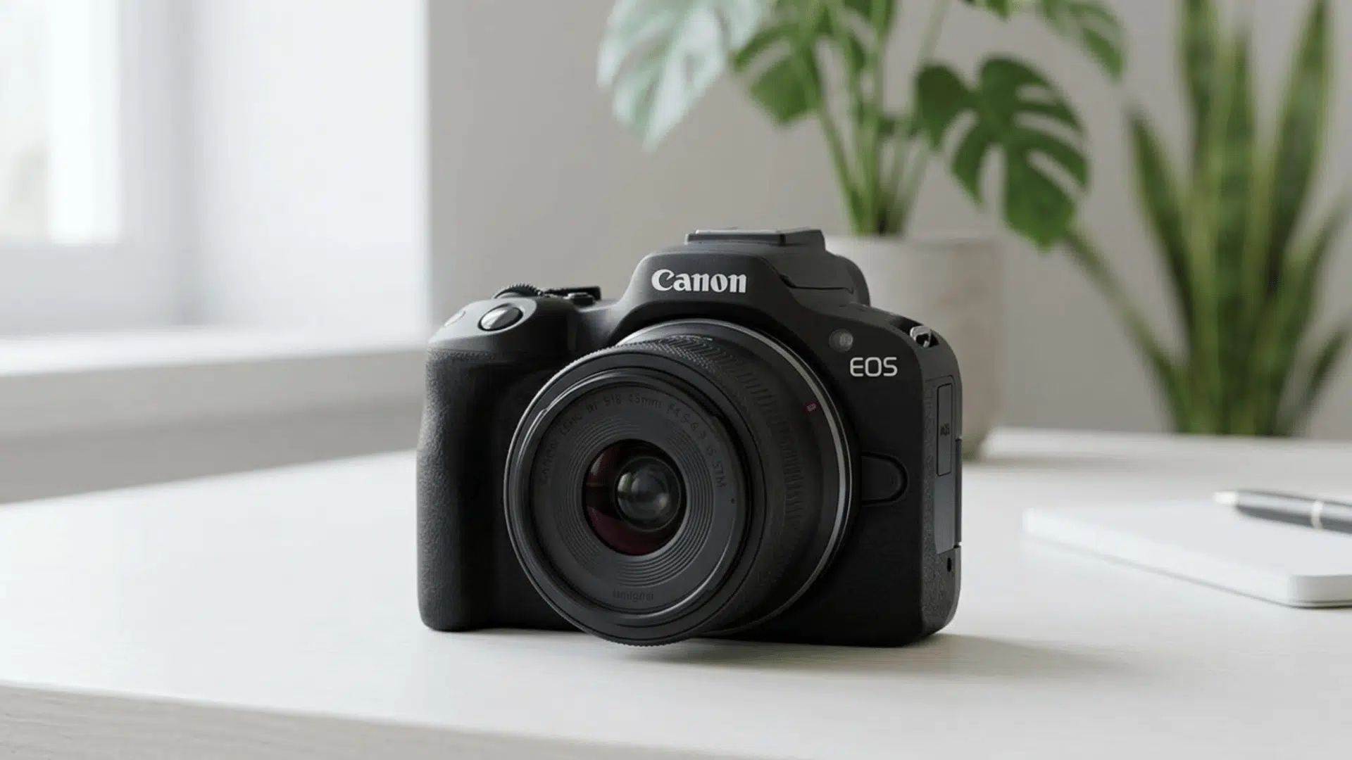 canon eos r50 on white color desk with soft light and blurred plant background