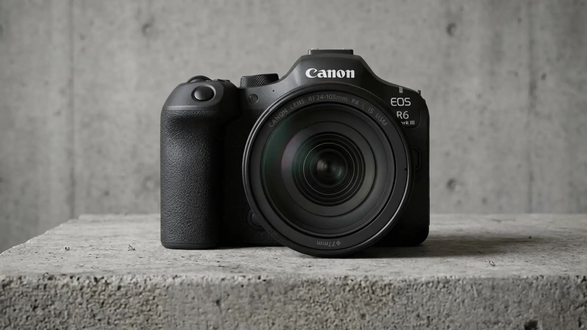 canon eos R6 mark III camera on textured stone background with rugged natural look