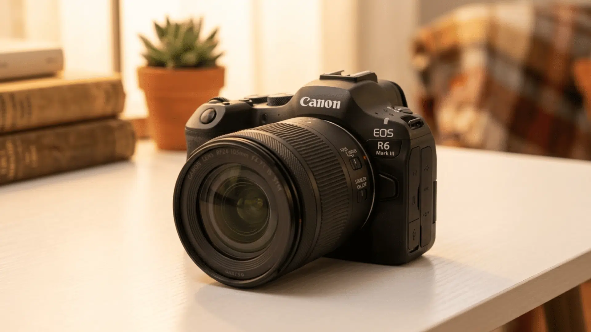 canon eos r6 mark III mirrorless camera placed on white table with warm lighting and cozy indoor home background