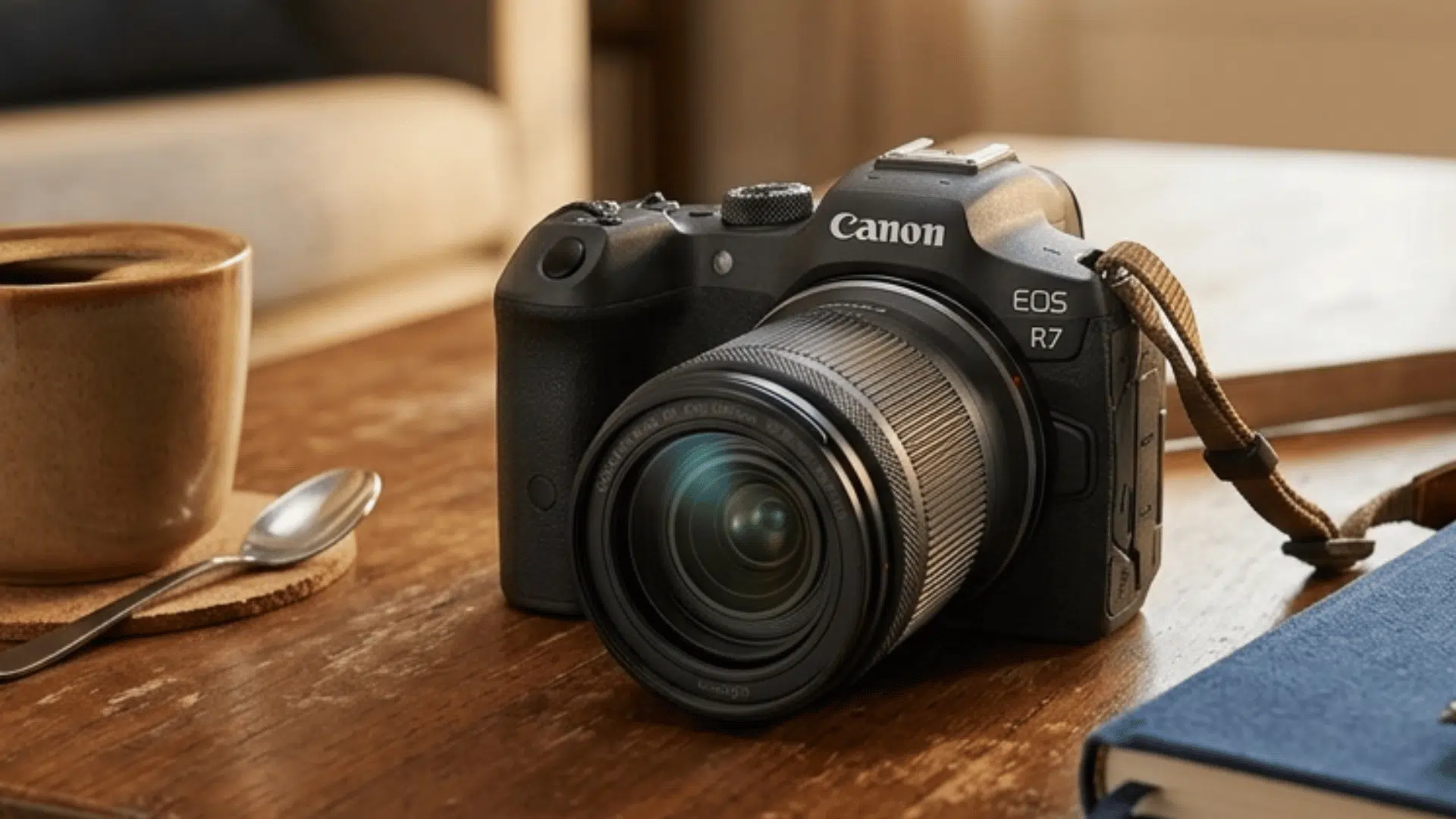 canon eos R7 camera kept on coffee table with modern setup and blurred background
