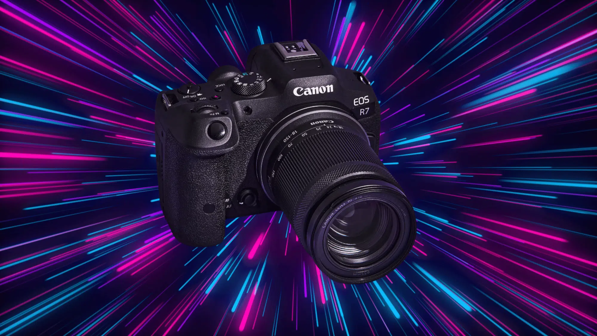 canon eos r7 mirrorless camera with lens against a vibrant neon light burst background