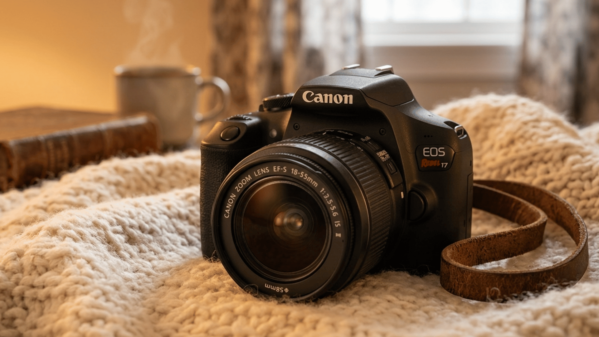 canon eos rebel sl3 on soft fabric with warm light and cozy home background