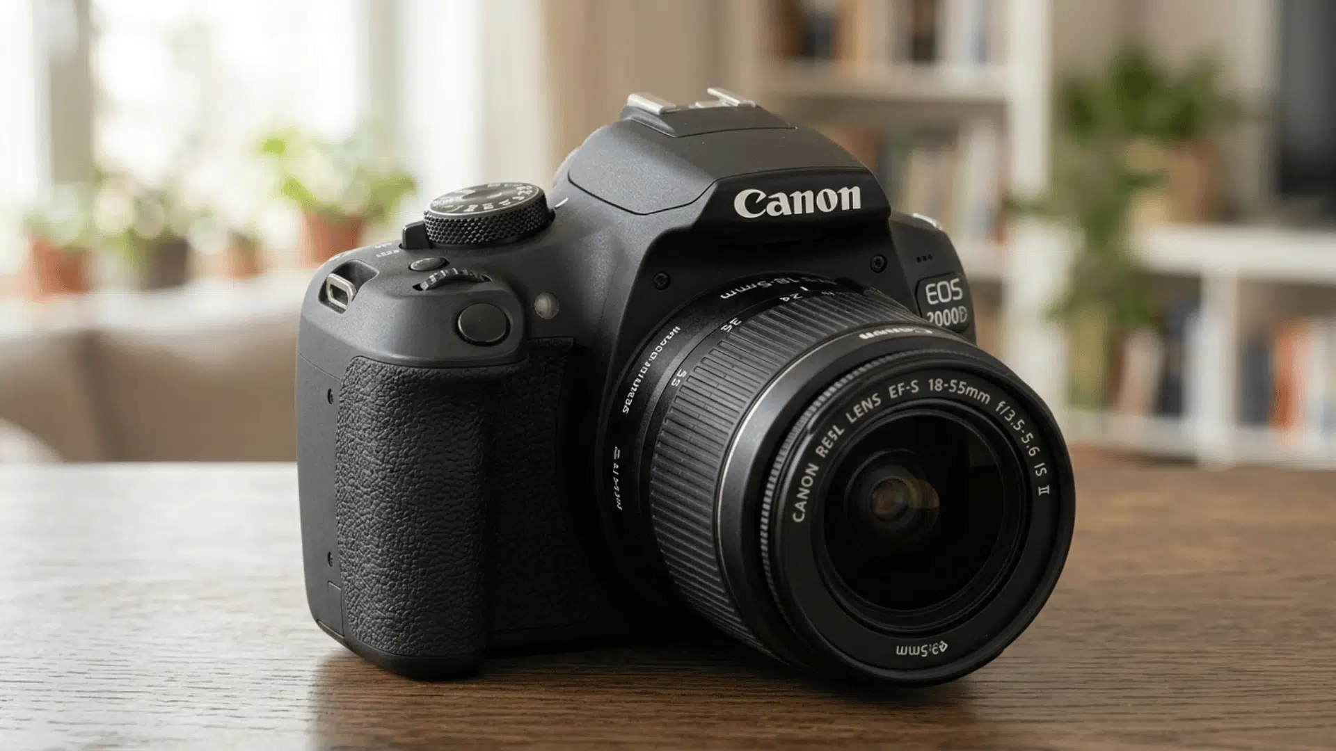 canon EOS Rebel T7 entry level DSLR camera placed on a wooden table, showing lens detail and compact design for beginners