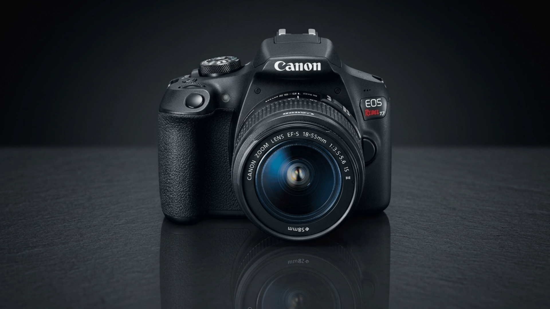 canon eos rebel t7 on dark surface with spotlight and black gradient background