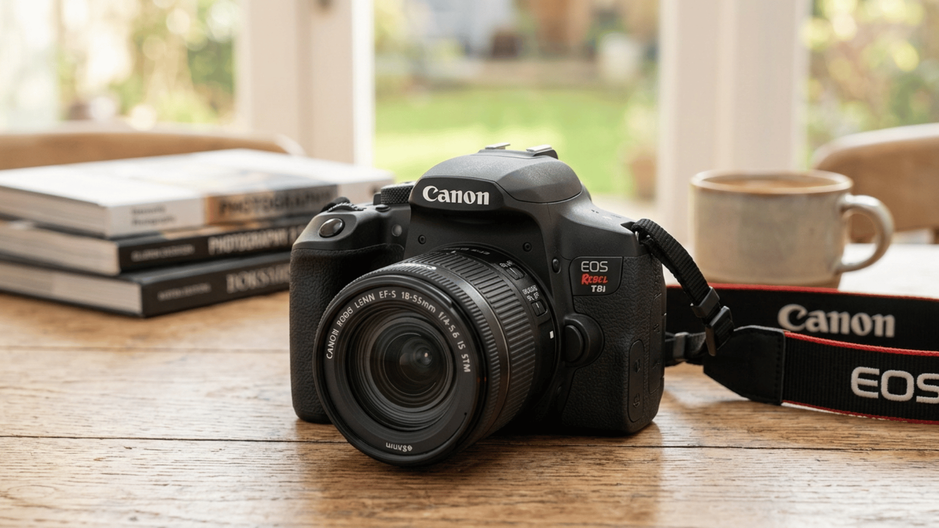 canon EOS Rebel T8i DSLR camera with lens on desk, suitable for beginners wanting better autofocus and video features