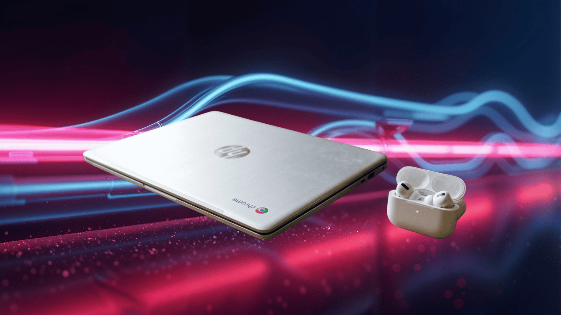 chromebook and AirPods on a colorful background, representing Bluetooth pairing and wireless audio connection setup