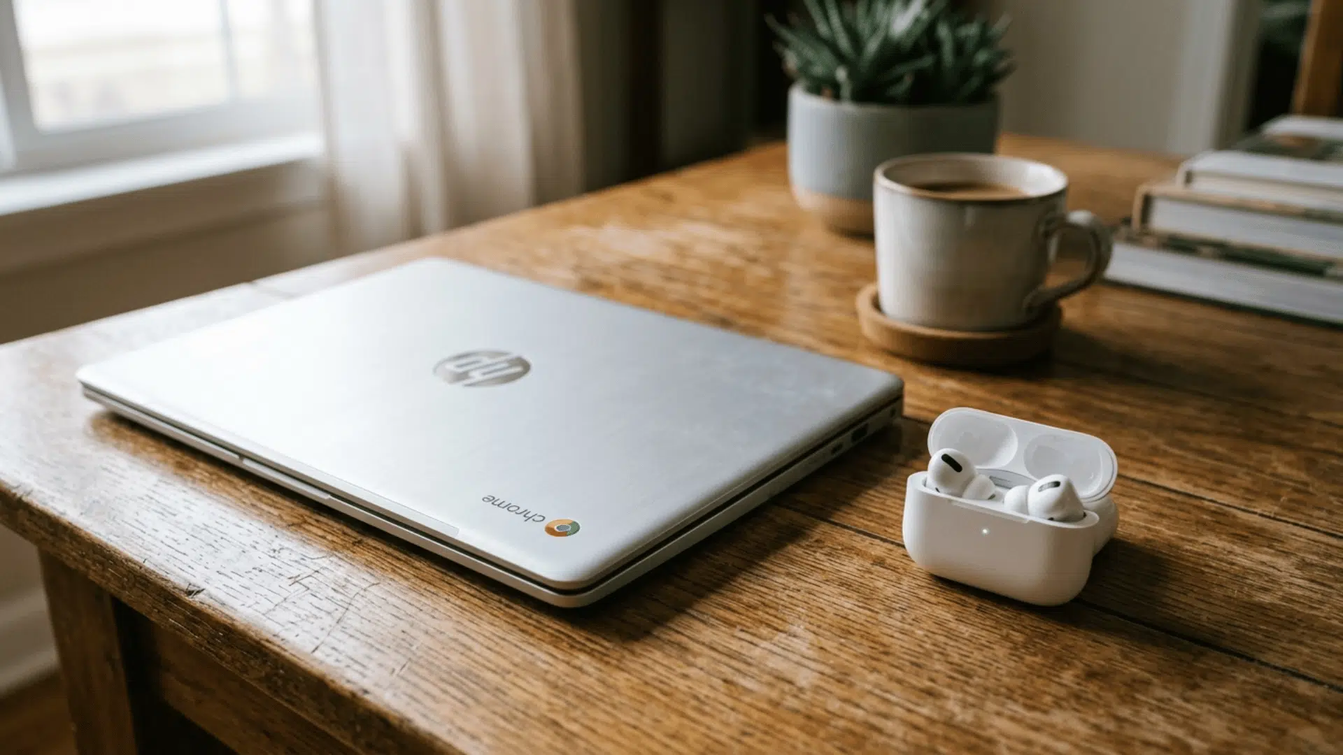 closed Chromebook on a wooden table with AirPods case beside it, showing a simple setup for pairing wireless earbuds
