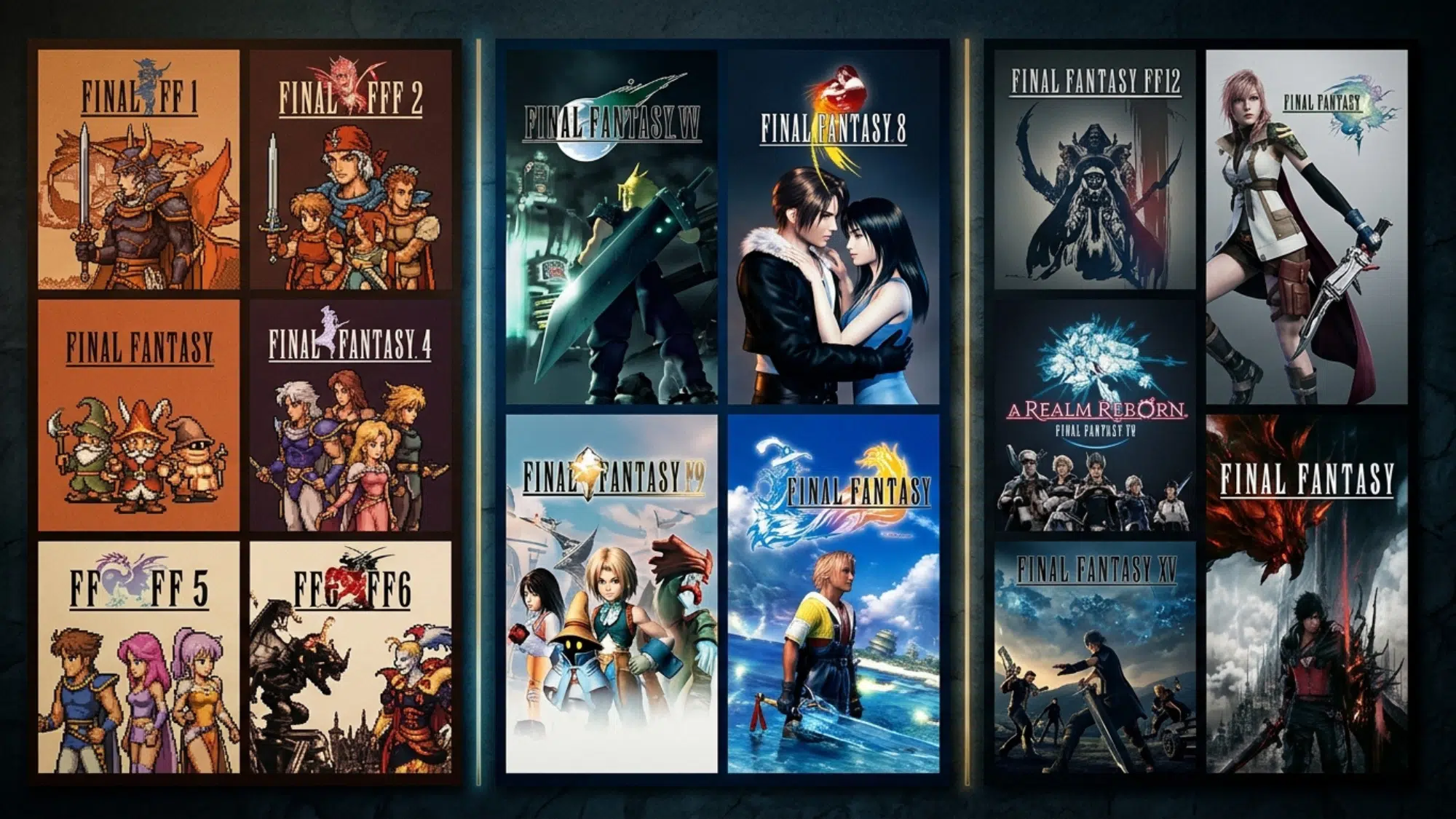 collage of final fantasy covers from early pixel games to modern titles including vii x xiv xv and xvi