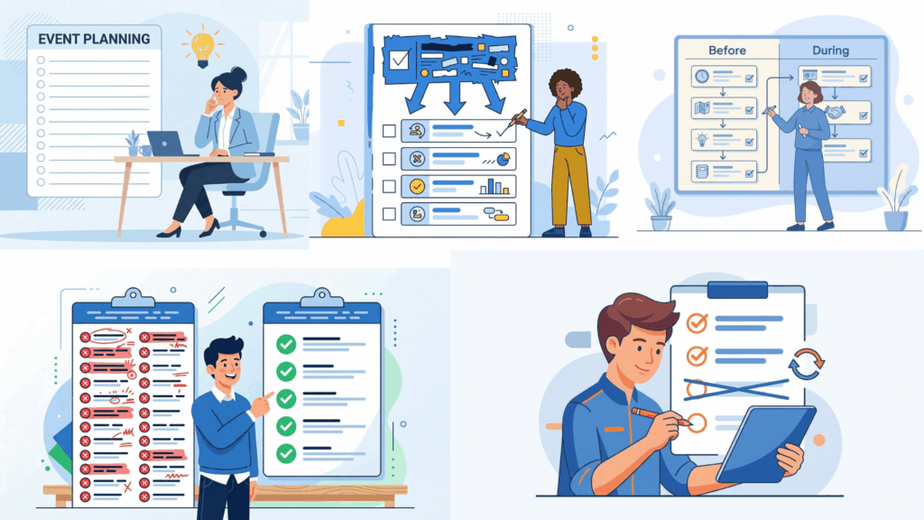 collage of workflow and checklist illustrations showing task management planning tracking progress and digital form interaction