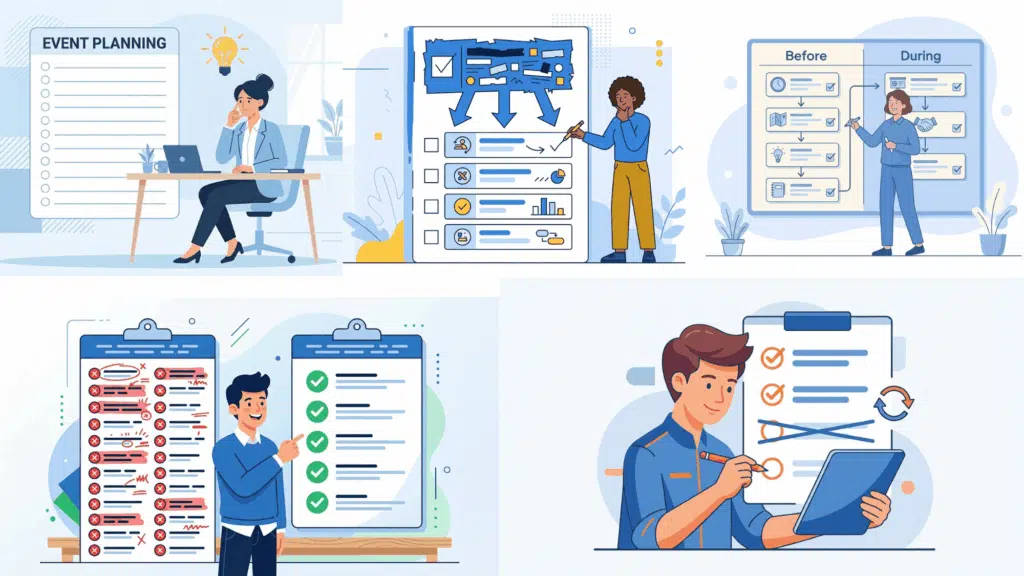 collage of workflow and checklist illustrations showing task management planning tracking progress and digital form interaction