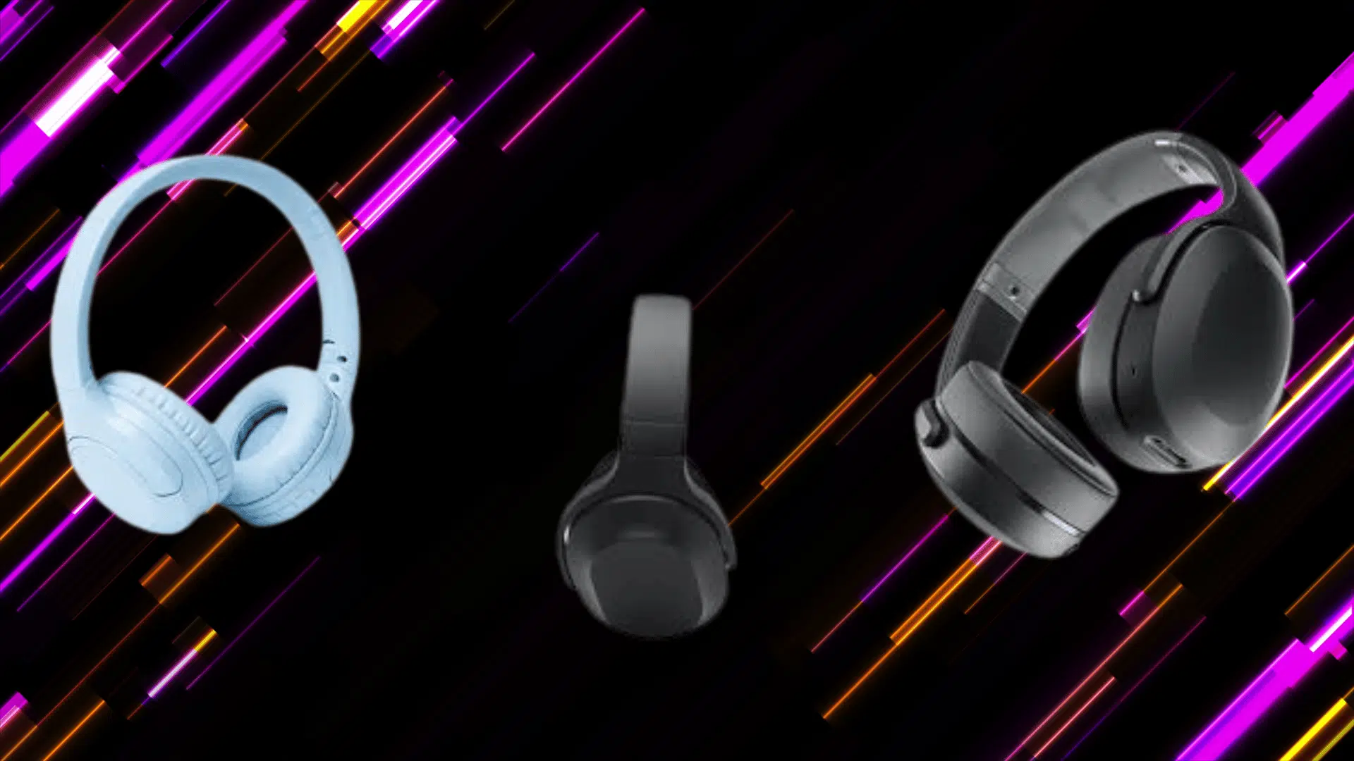 colorful display of multiple wireless gaming headsets against neon background, highlighting design variety and modern gaming gear options