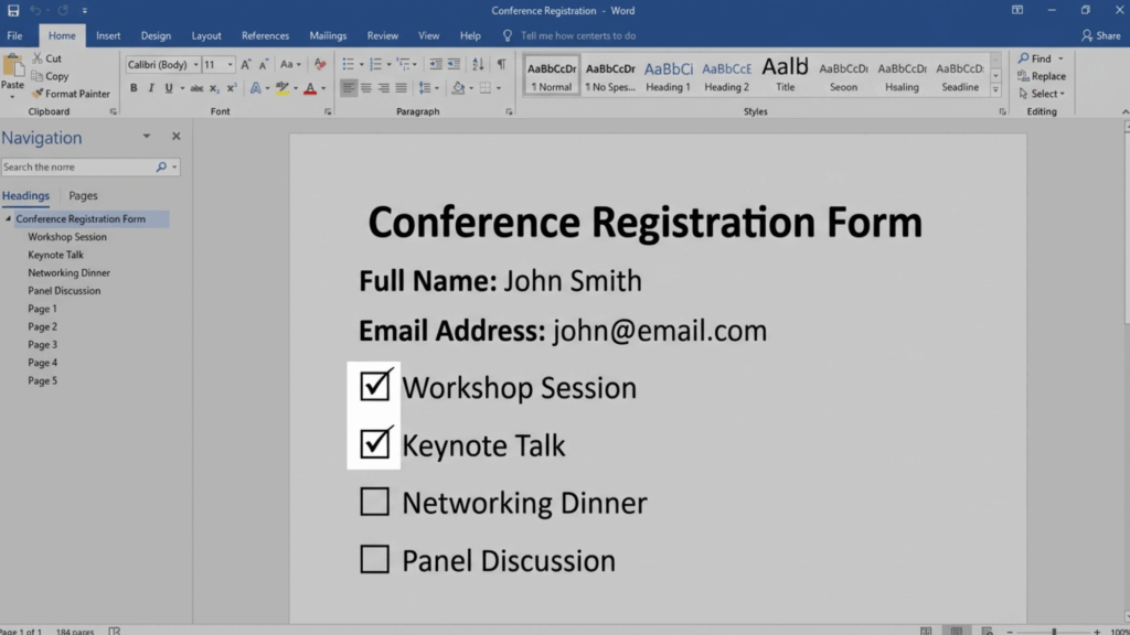 completed conference registration form in word with selected sessions and filled name and email fields displayed