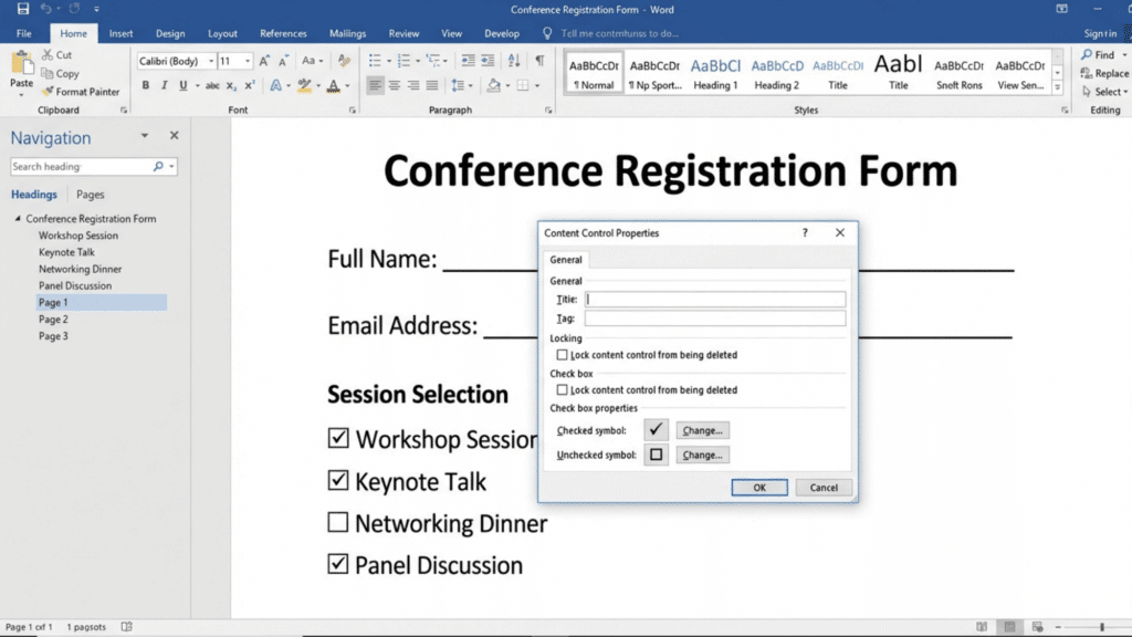 conference form in word with checkbox options for sessions including workshop keynote networking and panel discussion