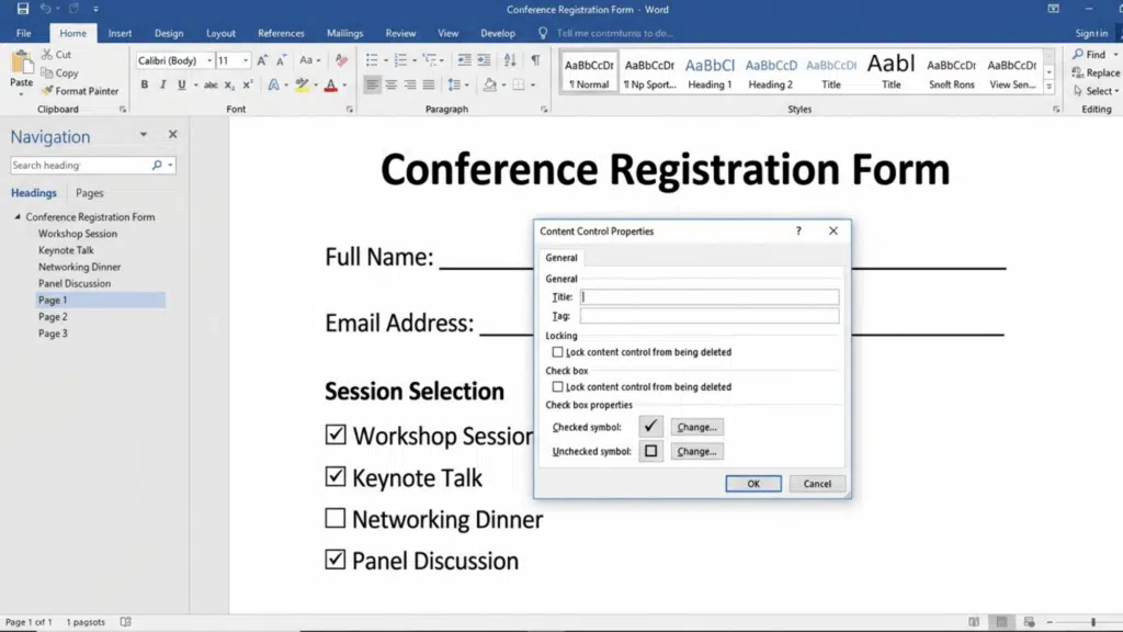 conference form in word with checkbox options for sessions including workshop keynote networking and panel discussion