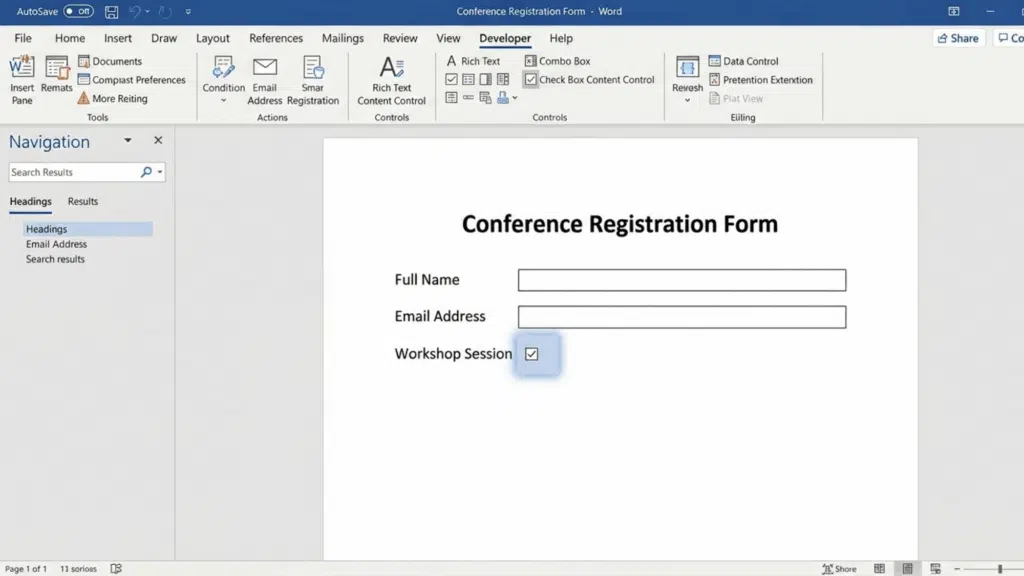 conference registration form in word with developer tab showing checkbox content control added for workshop session .
