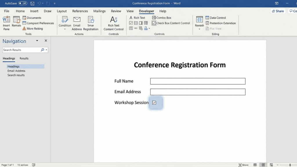 conference registration form in word with developer tab showing checkbox content control added for workshop session