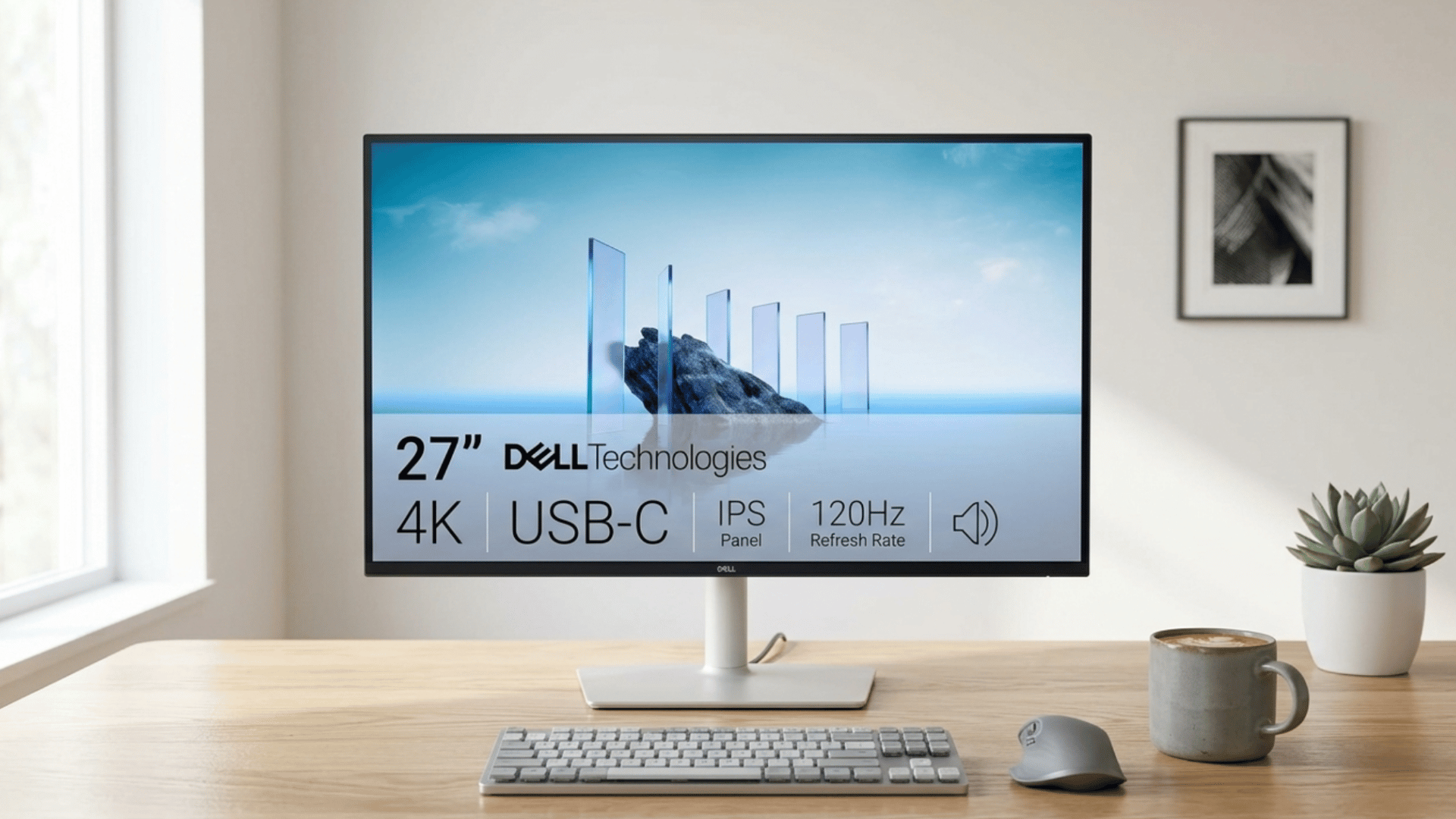 dell ultrasharp u2723qe monitor on clean desk setup with soft lighting and minimal accessories for photo editing workspace