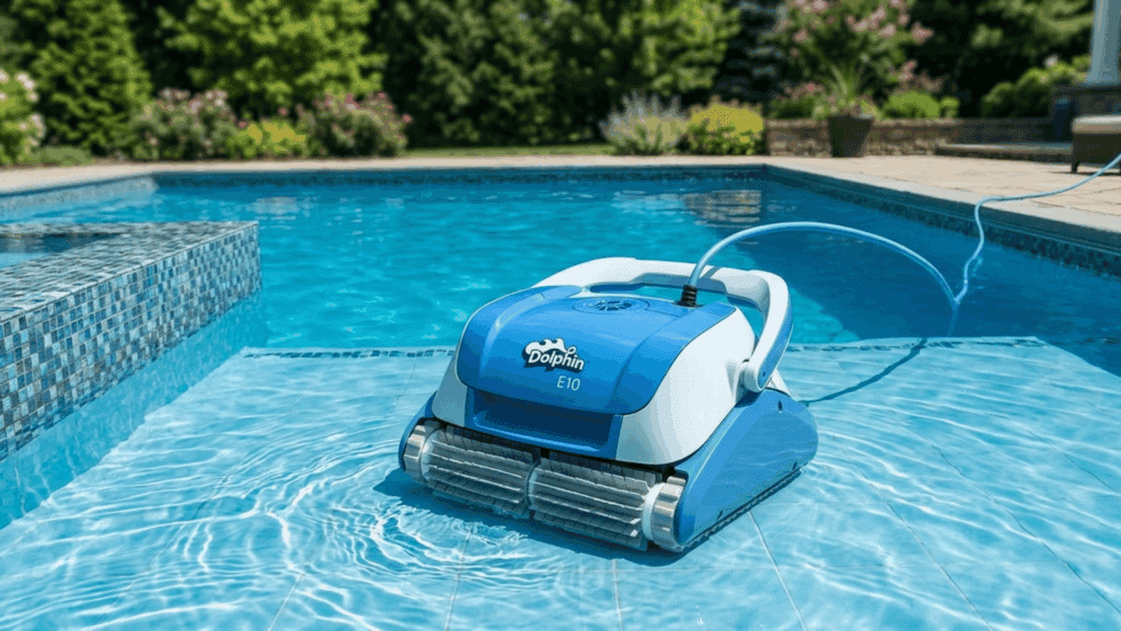 dolphin E10 robotic pool cleaner cleaning small pool floor efficiently with compact design and strong suction performance in clear water.