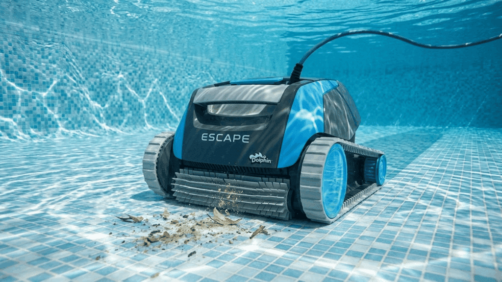 dolphin Escape robotic pool cleaner picking up leaves and debris from pool floor with strong suction and efficient cleaning performance.