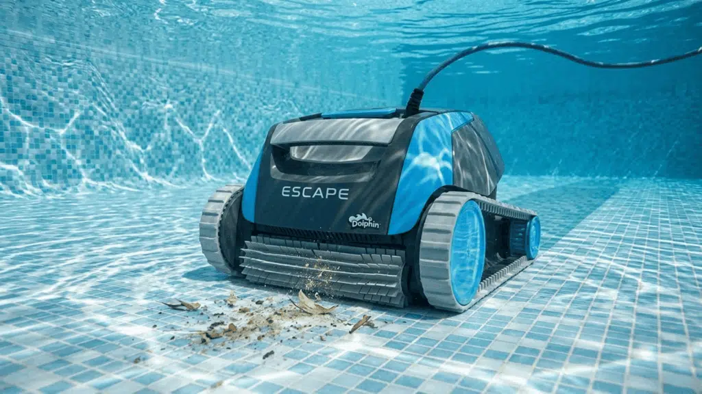 dolphin Escape robotic pool cleaner picking up leaves and debris from pool floor with strong suction and efficient cleaning performance.