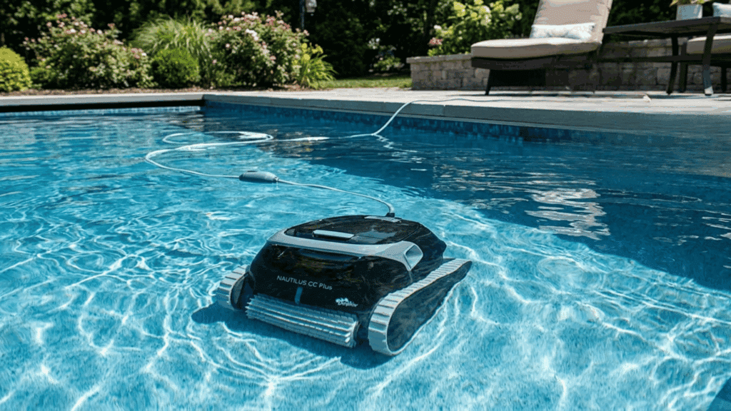 dolphin Nautilus CC Plus Wi-Fi robotic pool cleaner working underwater with visible cleaning path and smartphone control nearby. (1)