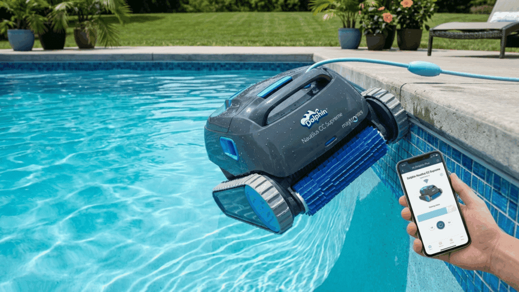 dolphin Nautilus CC Supreme robotic pool cleaner climbing pool wall while being controlled via smartphone app near pool edge.