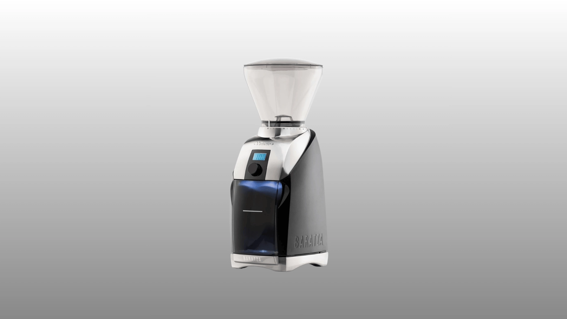 Electric coffee grinder with clear hopper, digital display, and front grounds bin.