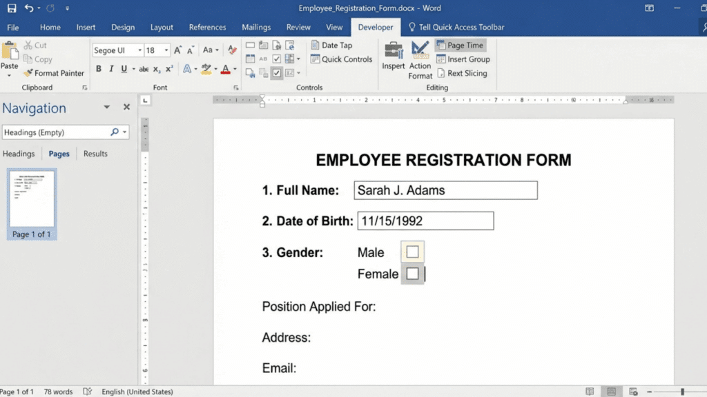 employee registration form in word with filled details checkboxes and formatted fields using developer tools