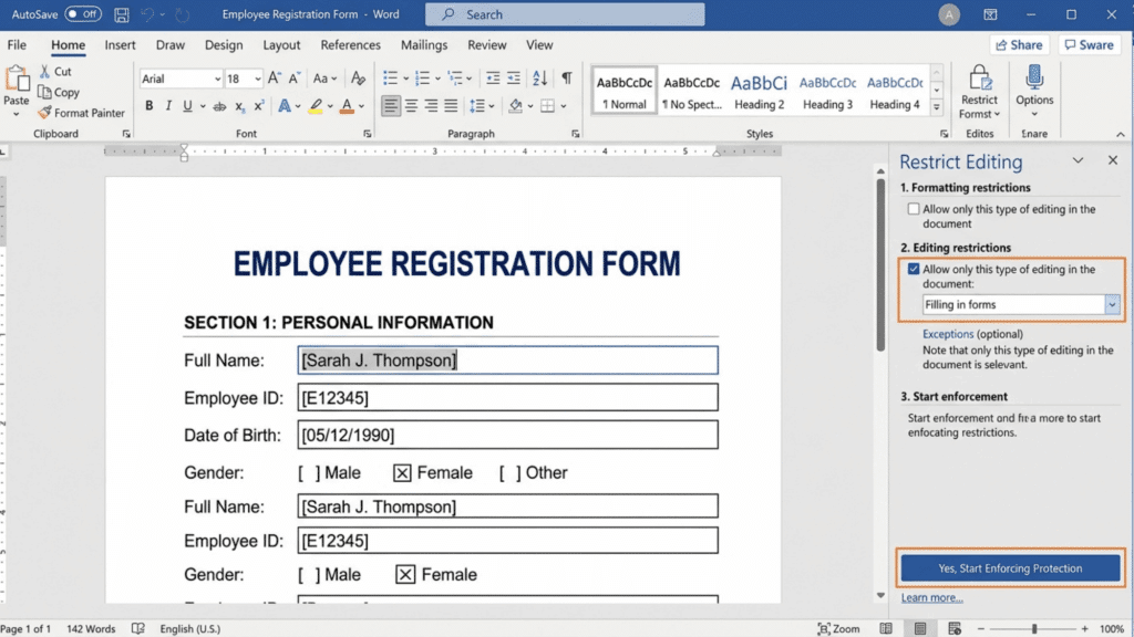 employee registration form with restrict editing panel enabled allowing only form filling protection in word