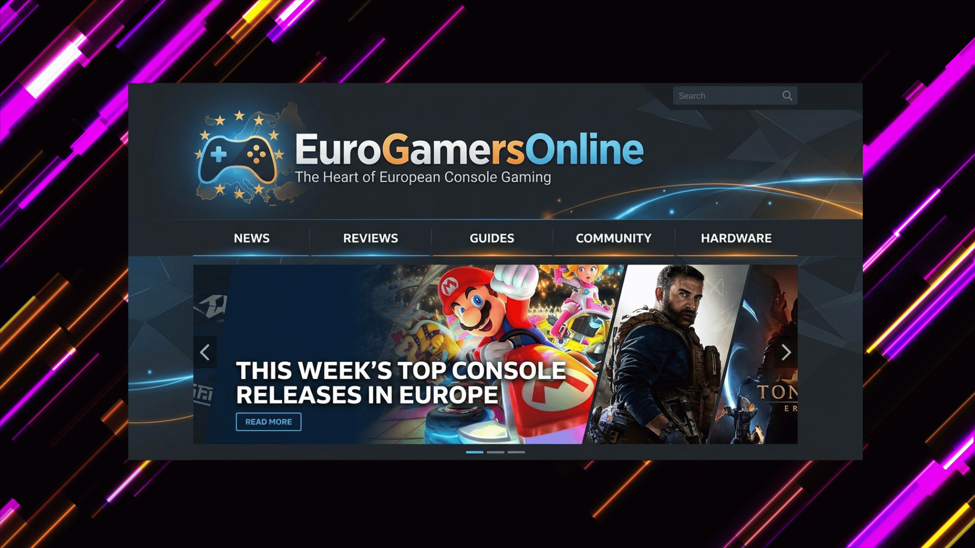 euroGamersOnline website interface showing gaming news, reviews, guides, and community sections with featured console releases banner
