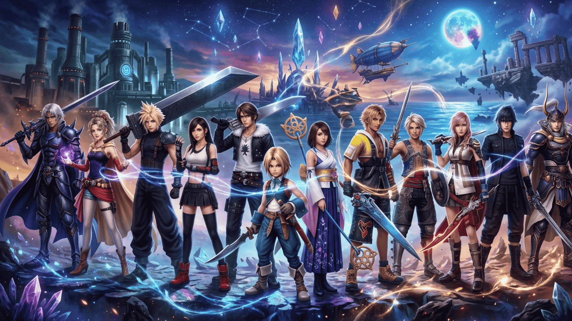 fantasy game characters lineup with swords and magic in a vibrant world blending futuristic city, airships, and ancient ruins