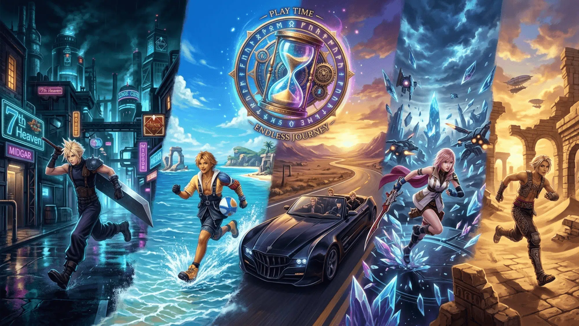 final fantasy journey collage showing characters across worlds from midgar city to beaches, roads, crystals, and desert ruins