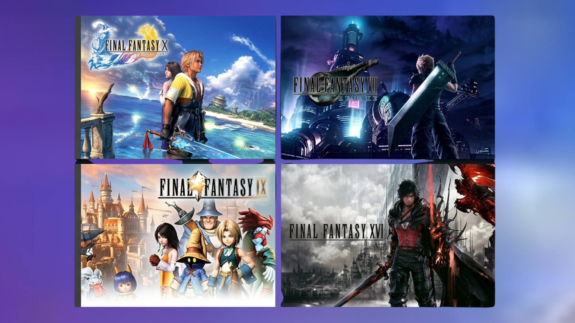 final fantasy posters featuring vii remake xv and xvi characters standing in cinematic scenes with dramatic lighting