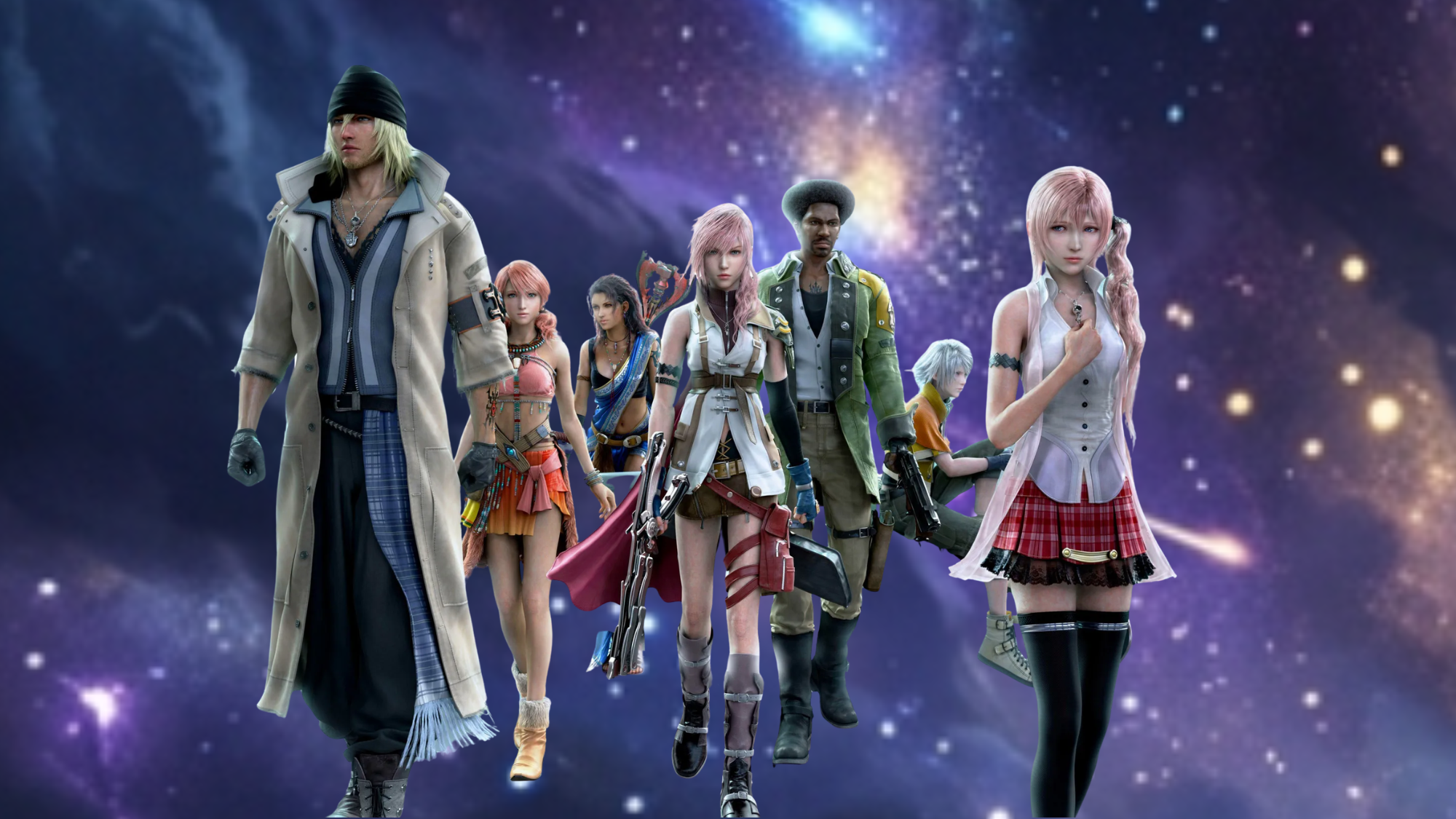 final fantasy xiii characters including lightning and team walking forward against a cosmic space background