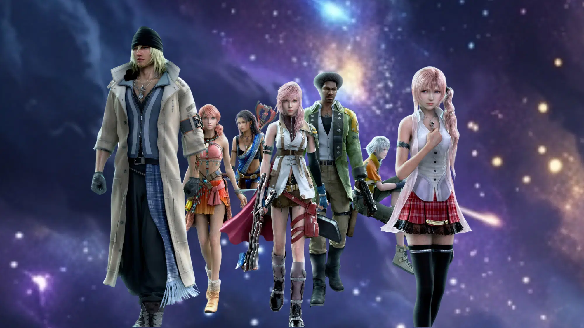 final fantasy xiii characters including lightning and team walking forward against a cosmic space background
