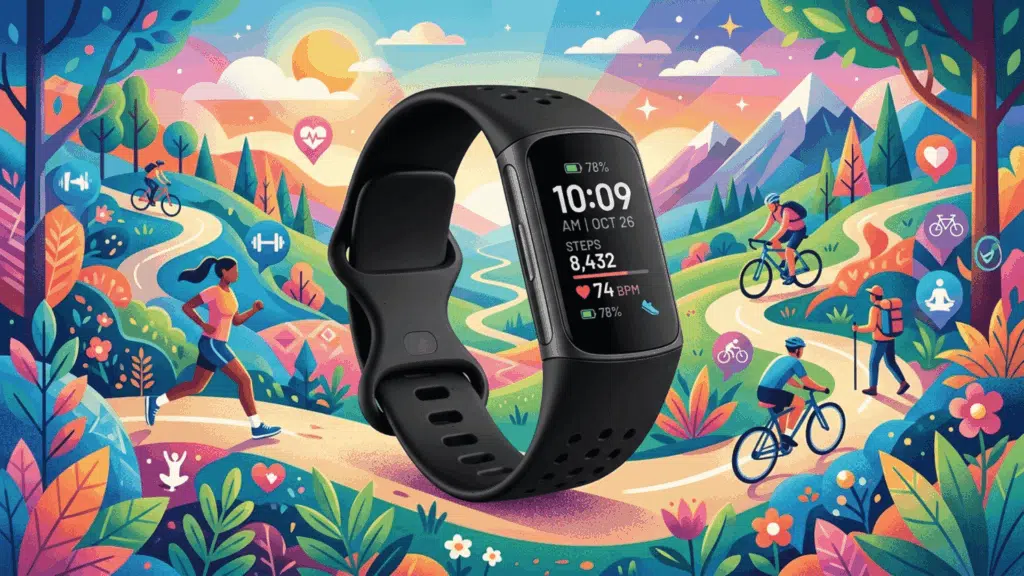 fitbit Charge 6 fitness tracker displayed with colorful outdoor activity scene showing running, cycling, and health tracking icons (1)