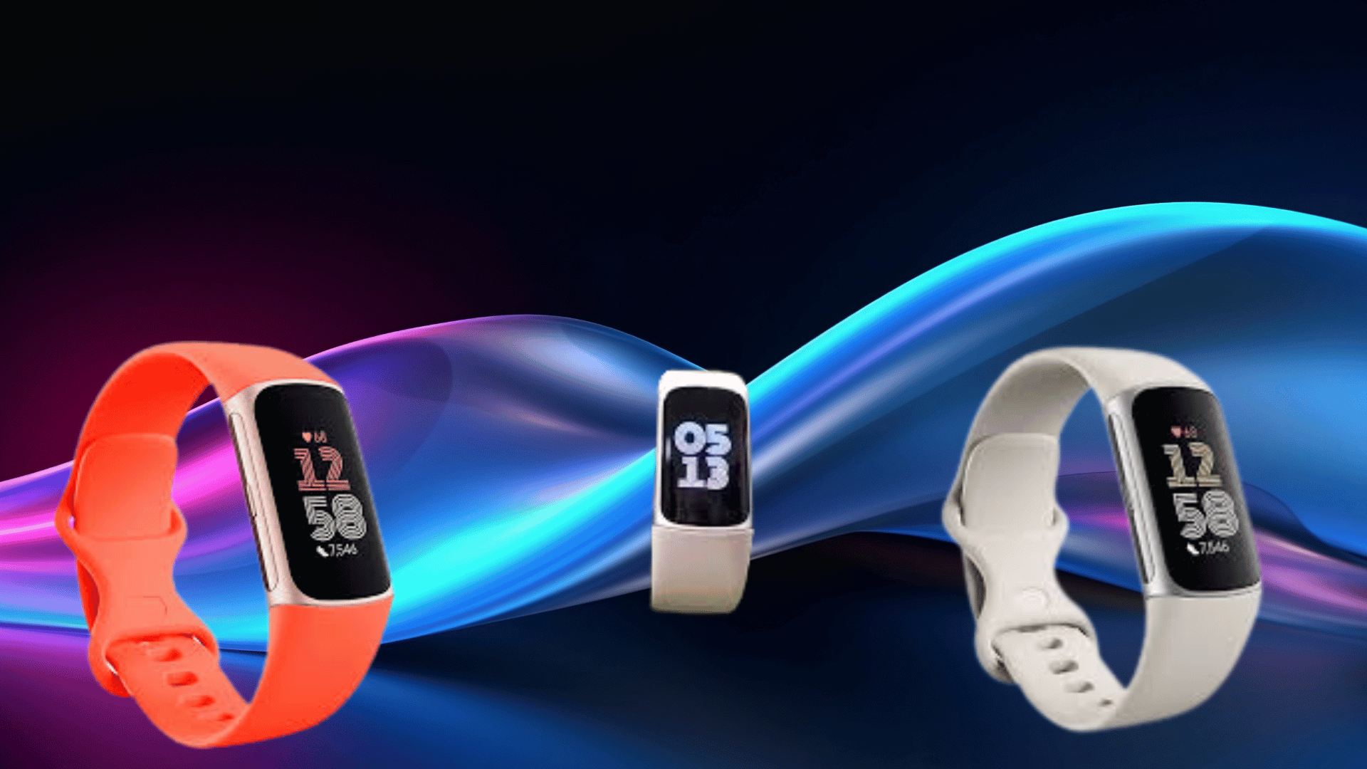 fitbit Charge 6 fitness tracker shown in multiple colors with AMOLED display highlighting steps, heart rate, and daily activity stats