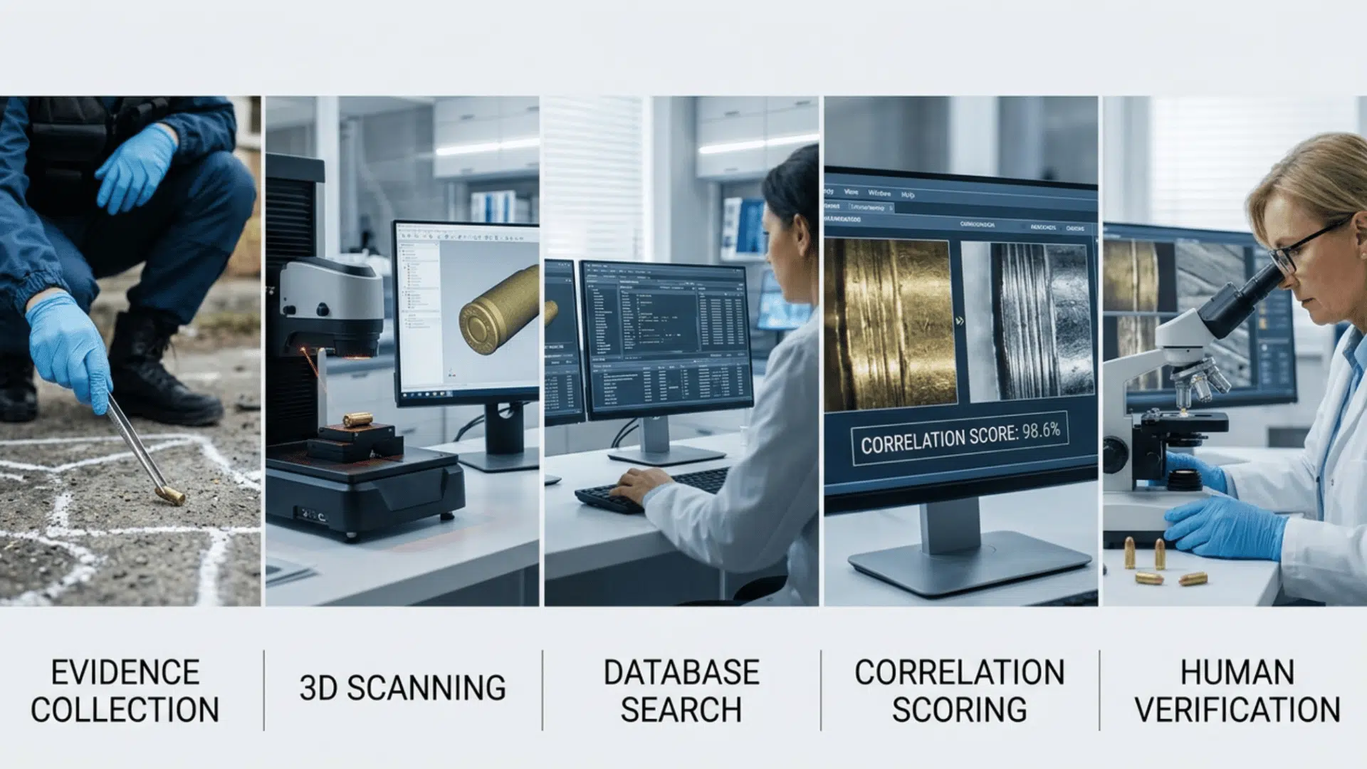 forensic workflow showing evidence collection 3d scanning database search correlation scoring and human verification