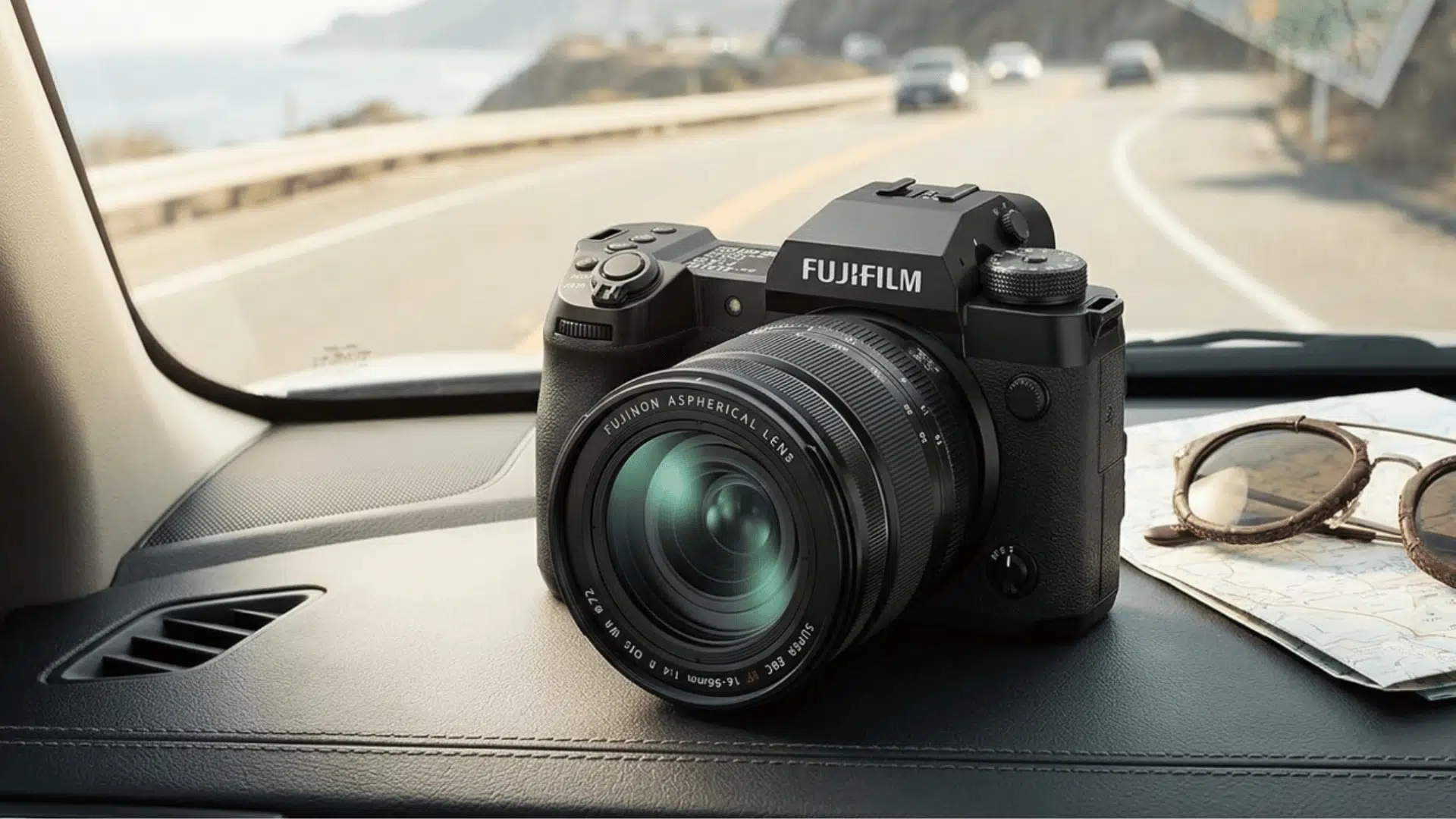 fujifilm x-h2s camera placed on car dashboard with road view in background travel scene