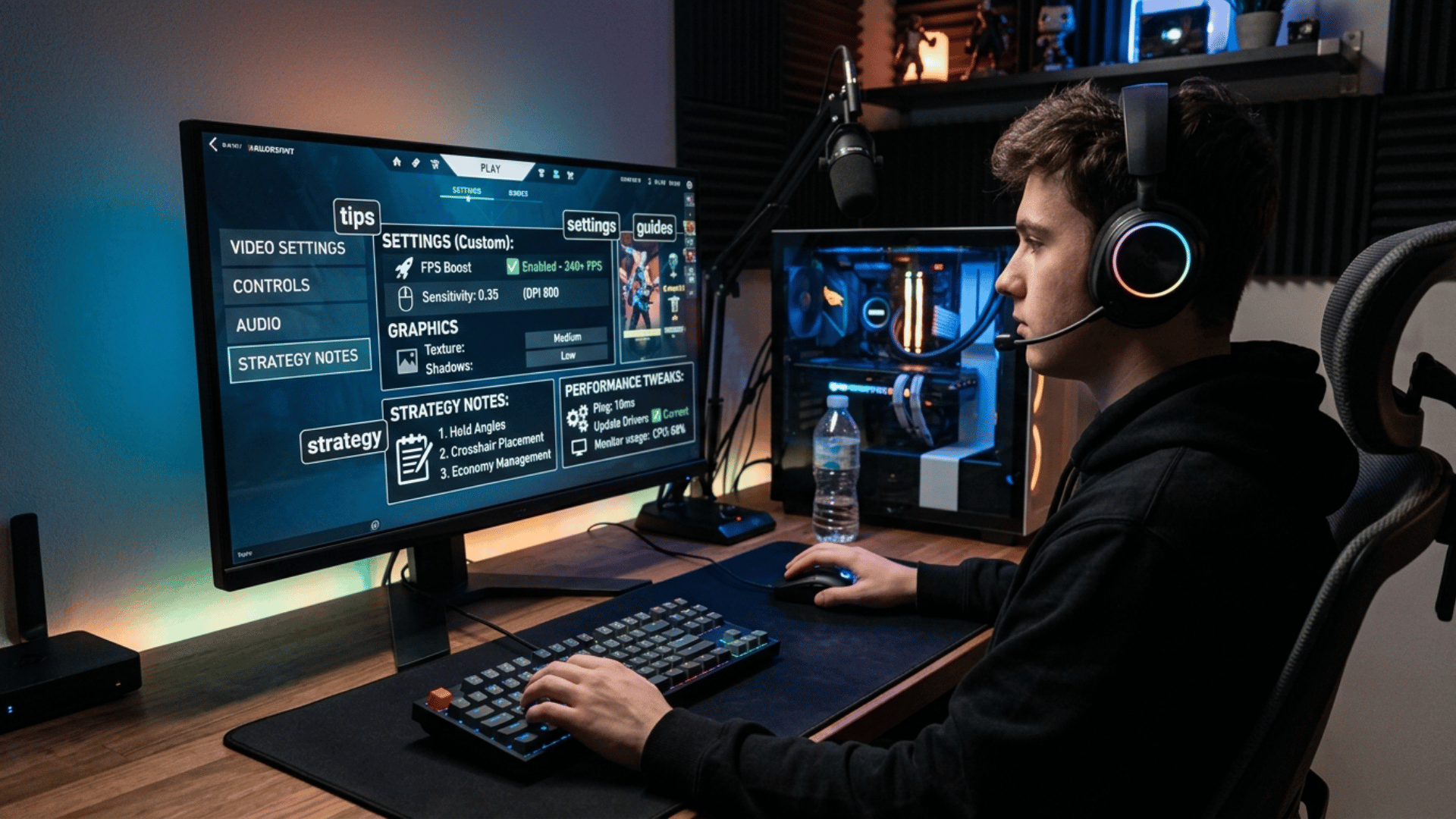 gamer adjusting video settings and strategy notes on PC screen showing FPS boost, controls, and performance tweaks for gameplay improvement