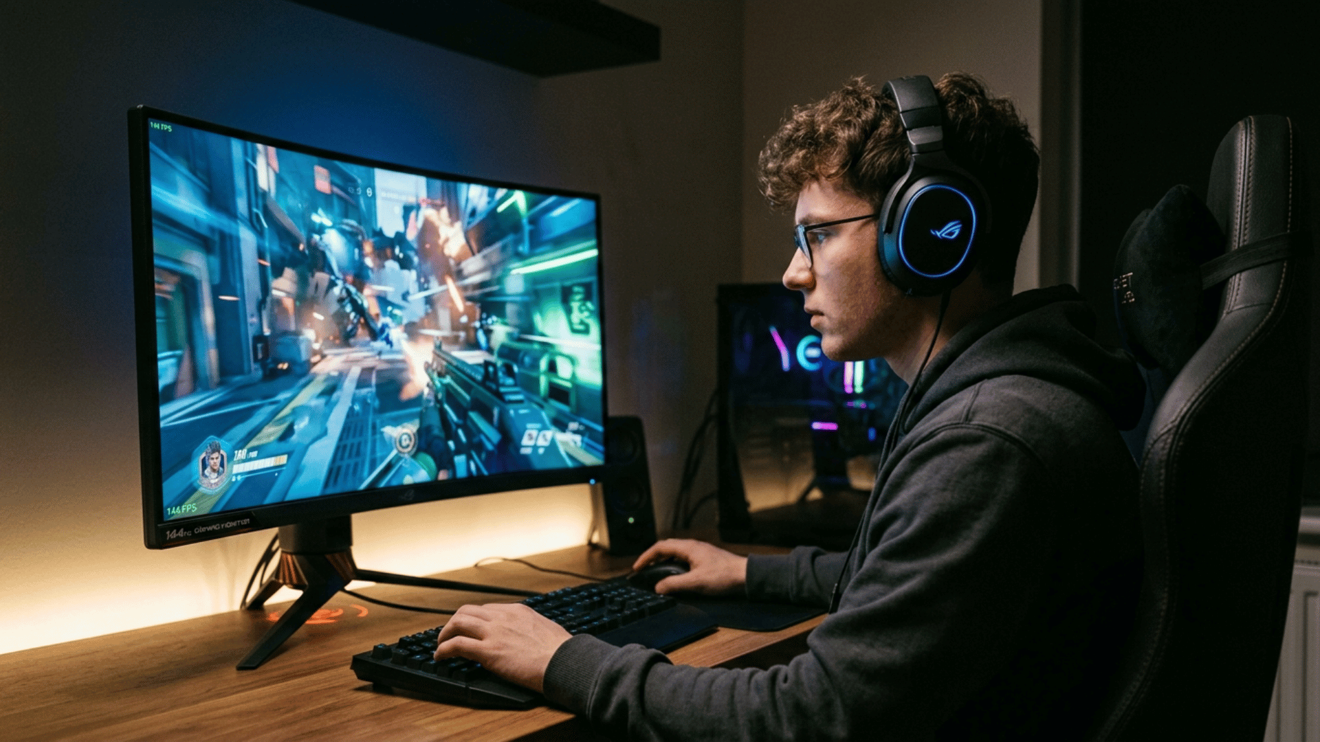 gamer wearing headset playing FPS game on PC with focused setup, showing immersive gameplay and responsive controls in action (1)