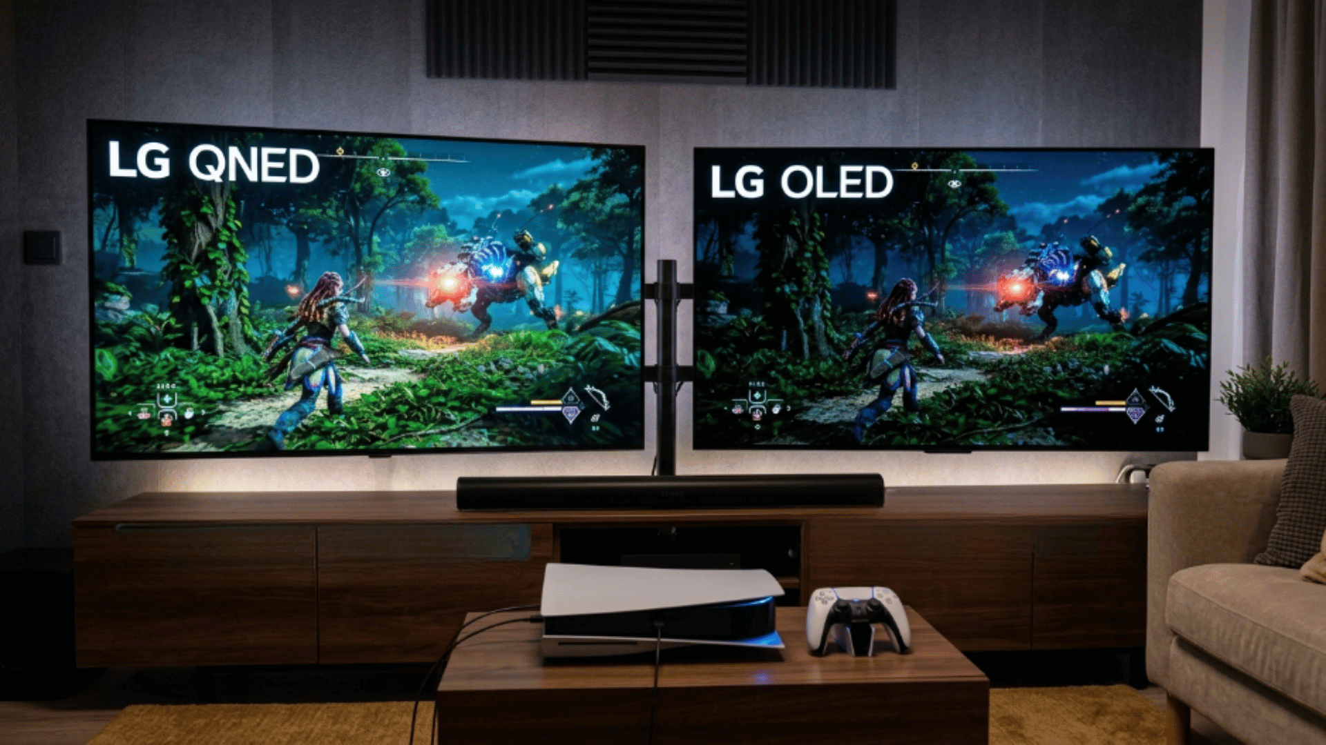 gaming setup showing LG QNED vs OLED TVs side by side, comparing response time, contrast, and motion clarity in gameplay scenes