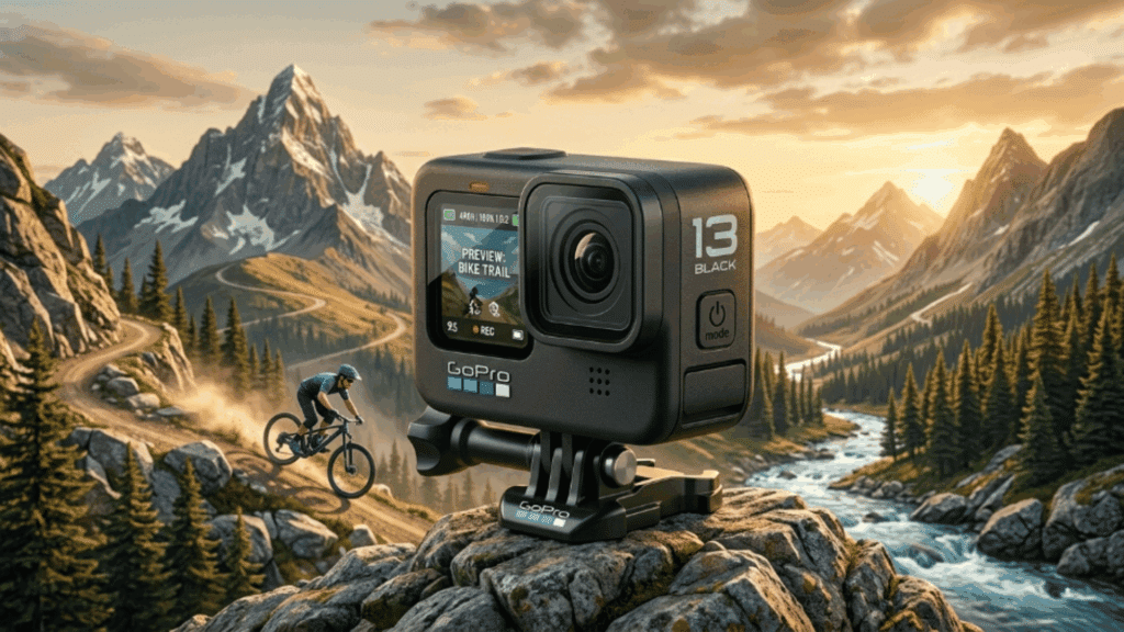goPro Hero 13 on a rock above a mountain trail as a cyclist rides downhill through an alpine landscape at sunset