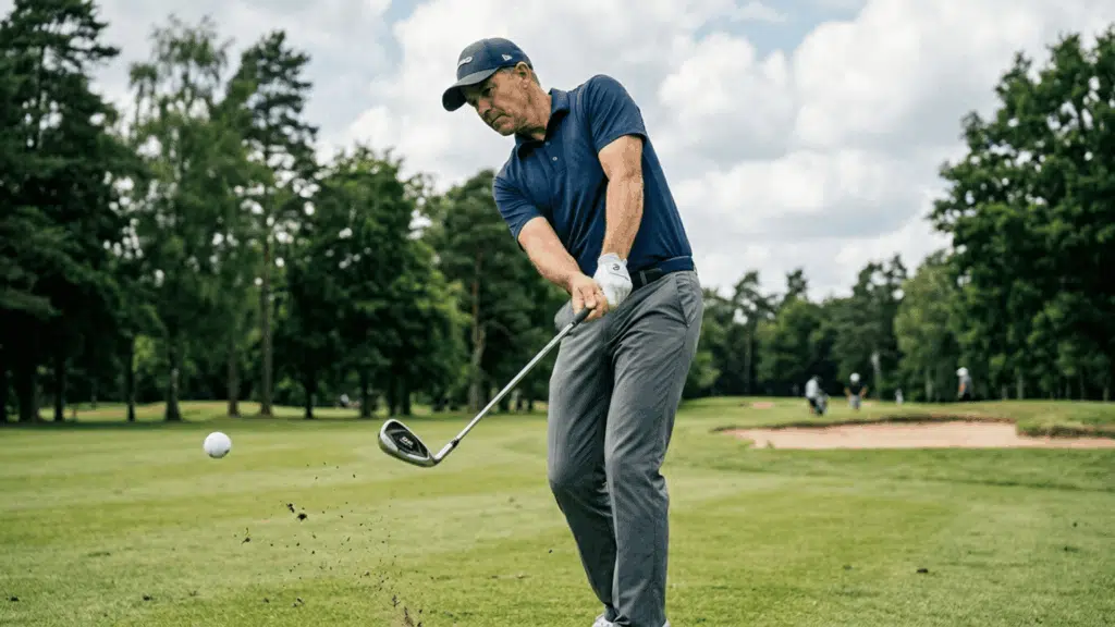 golfer hitting iron shot on course with TaylorMade M4 irons, showing turf interaction, swing motion, and ball impact moment